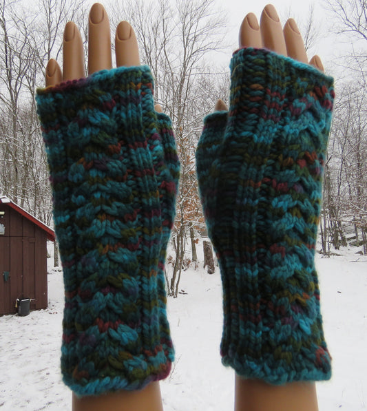 Mittens - Fingerless with Cables vs 2 in Fine Merino/Silk - Peacock