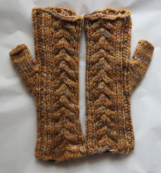 Mittens - Fingerless with Cables in Super Wash Merino in Nutmeg