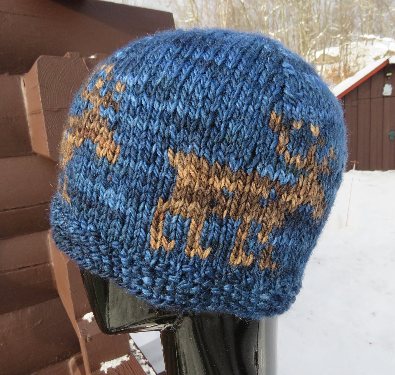 Hand Knit & Hand Dyed Hat with Norwegian Reindeer Motif in a Bulky Superwash Merino yarn. The Double layer by the ears provided by the design makes for one of our warmest hat designs.